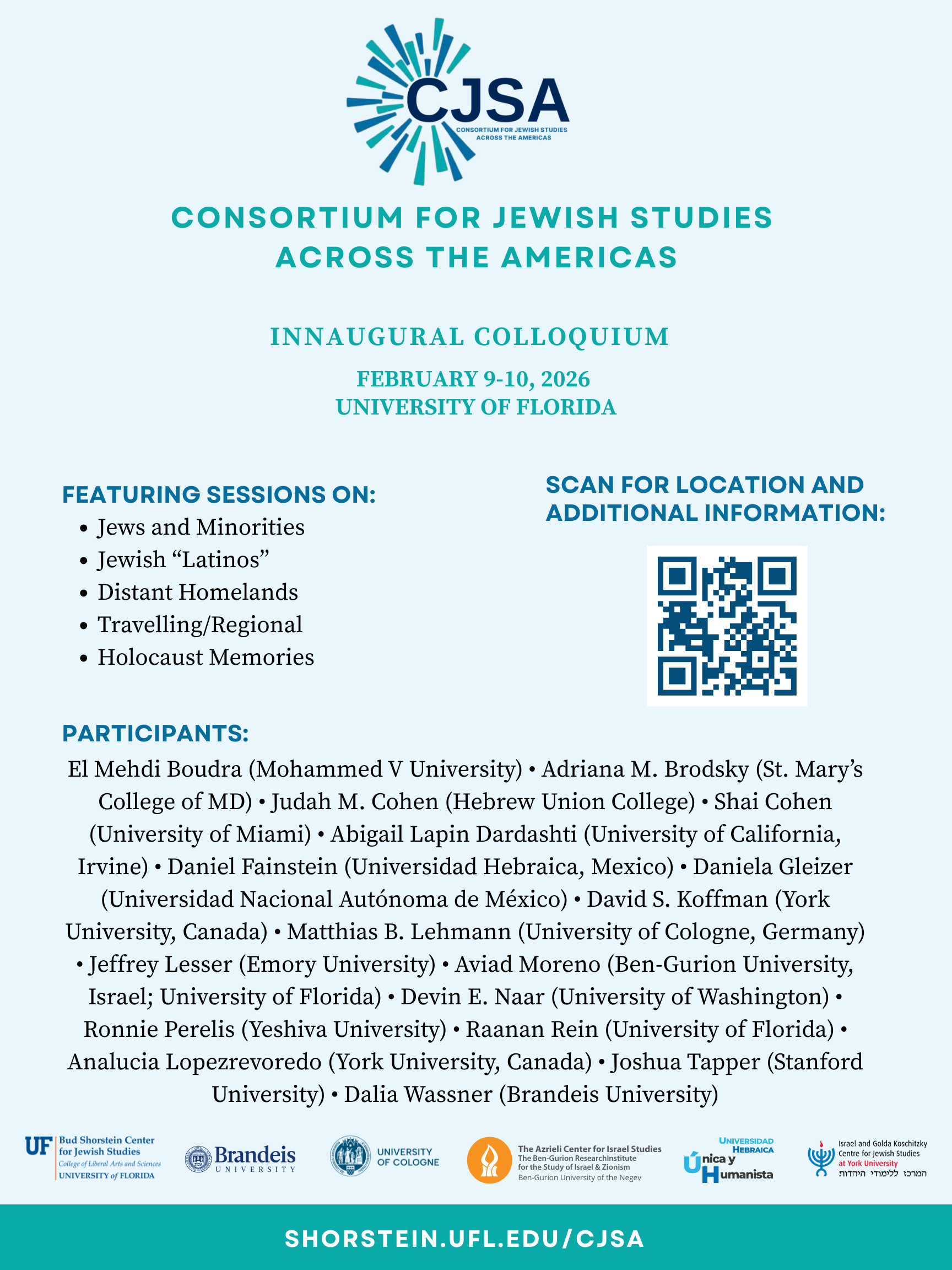 Colloquium poster featuring the name, date, and location of the event, topics covered, and participants. Includes QR code for more information.