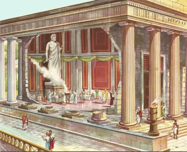 Offerings being brought into a Roman temple, with a statue of their god as the focal point. (The Worlds of David Darling)