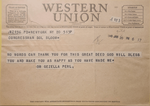 A vintage Western Union telegram addressed to Congressman Sol Bloom, expressing gratitude from Dr. Gezella Perl.